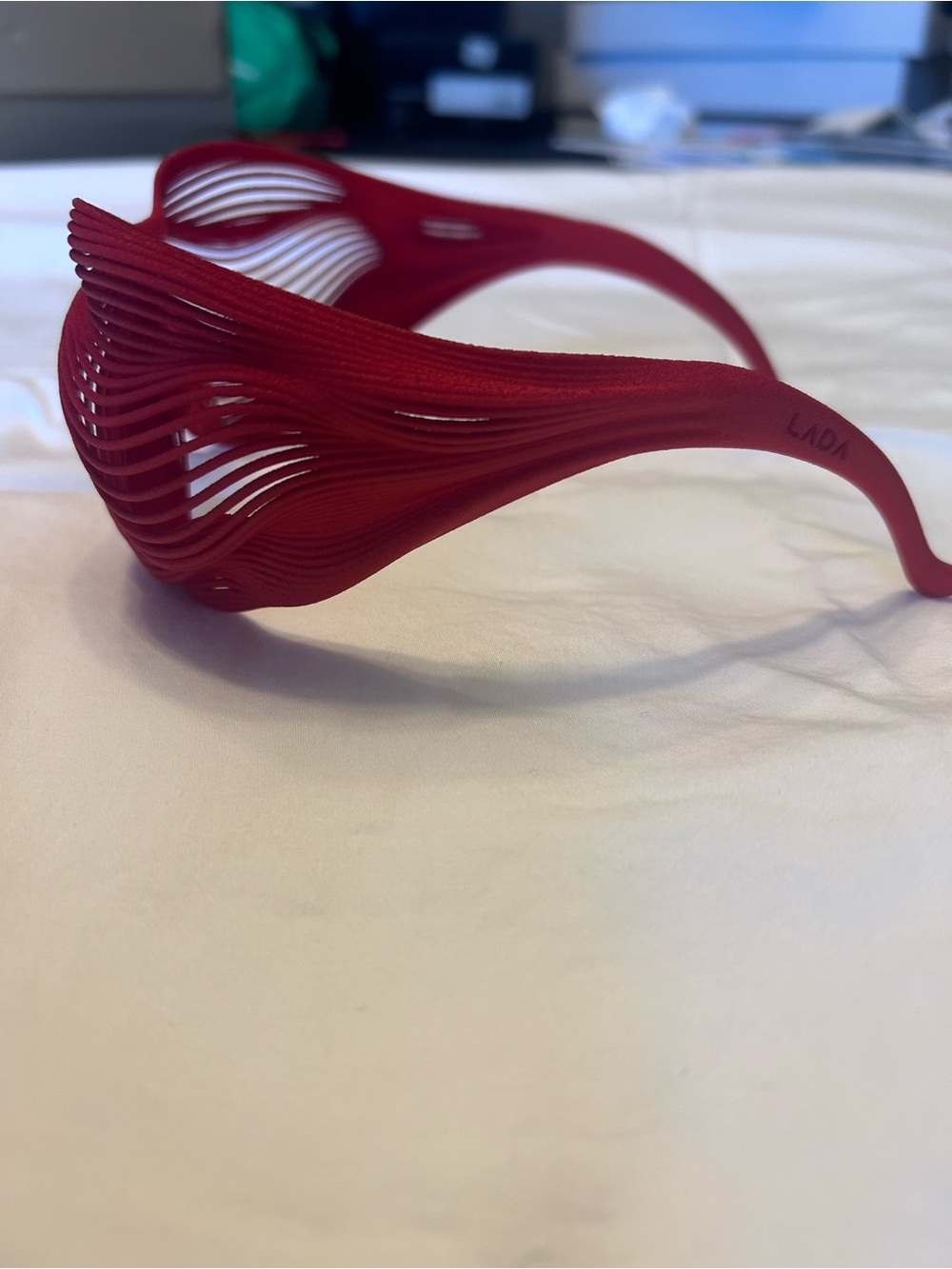 Red Sculptural Wave Sunglasses. Italian custom designer Valentino style.